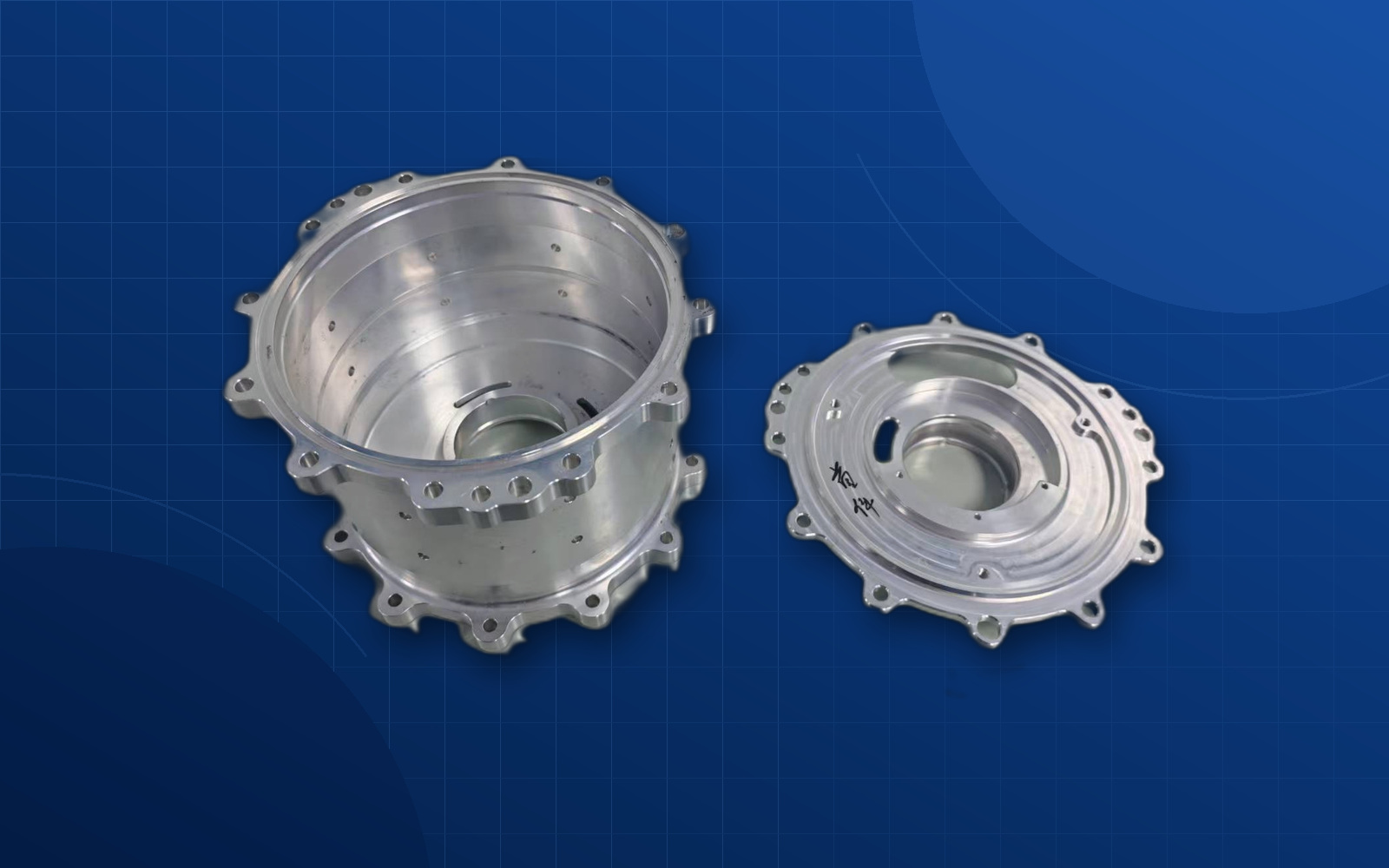 Deep blue background custom aerospace machined component